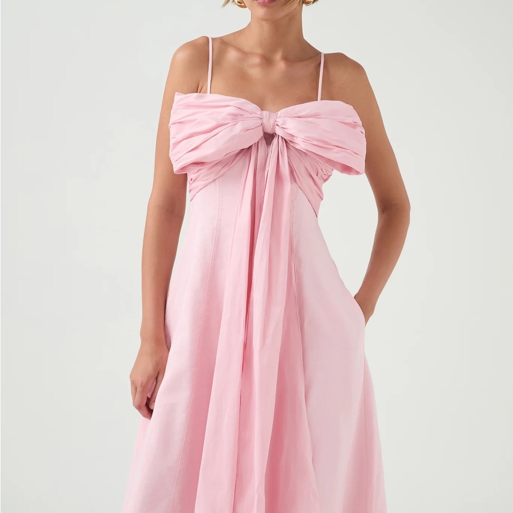Aje “Scarlett Midi Dress” - Strapless Pink Dress with Bow Detail